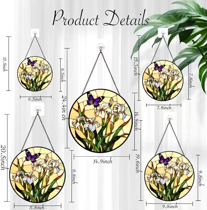 Funoasis Stained Glass Window Hanging 6.3 Inches Suncatcher - Beautiful Irises and Butterfly Ornaments Sun Catcher Home Decor Women Birthday