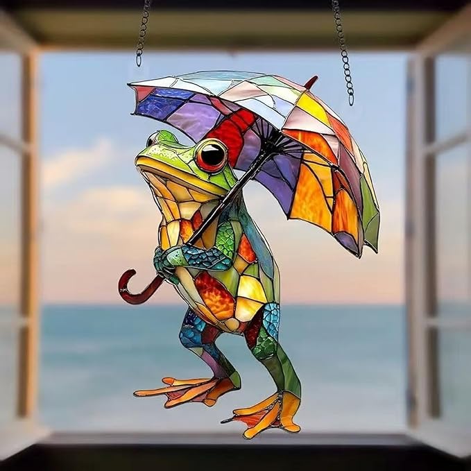 Spring Suncatcher Window Hanging with Colorful Frog Umbrella Designs Full Cover Acrylic Stained Glass Suncatchers Cute Window Decor Summer Ornament Indoor Outdoor for Home Garden Gift for Women