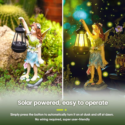 Pohabery Fairy Garden Statue Solar Garden Fairy with Lantern Light Outdoor Decoration Waterproof Solar Sculpture for Patio Yard Lawn Gift for Mom Grandma