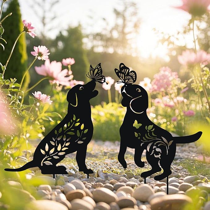 WONDER GARDEN Metal Dog Decor for Outside - 2 Pack Garden Stakes Decorative, Black Dog Silhouette Statues Lawn Ornaments Yard Patio Decor Women Men Mom Gifts