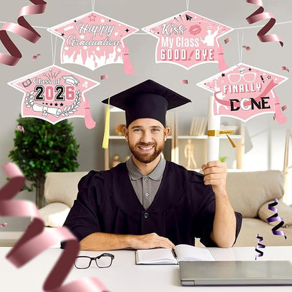 Chunful 12 Pack Graduation Yard Signs Grad Decoration 2026 Happy Graduate Lawn Garden Sign with Stake Congrats Outdoor Plastic Cap Hanging Ornament for Class Pathway Walkway Porch Party(Pink White)