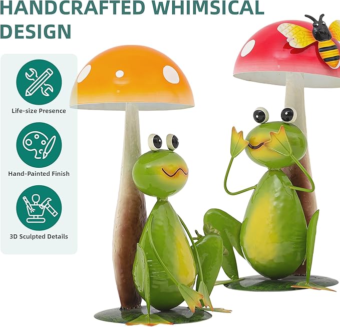 15.3" Large Frog Decor Set of 2, Handcrafted 3D Lifelike Metal Frog with Mushroom Sculpture, Outdoor Yard Art for Garden, Lawn & Home, Ideal Gift for Mom, Women on Mother’s Day & Housewarming