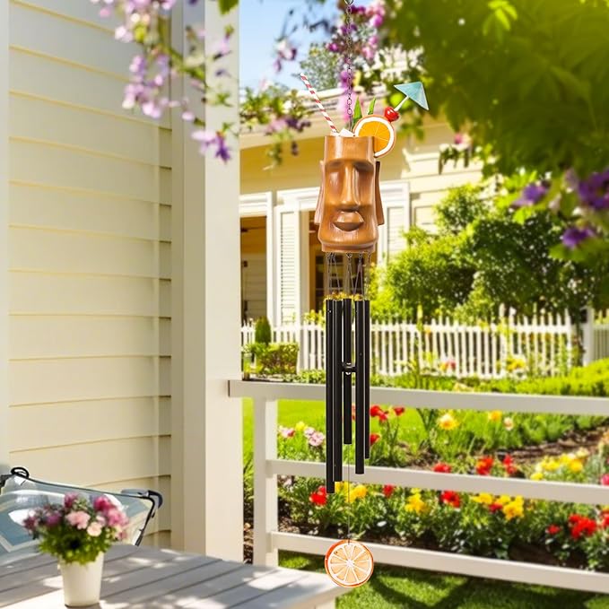 MUMTOP Wind Chimes for Outside Clearance - Garden Wind Chimes with Resin Face Cup Cocktail, 32 Inch Tropical Metal Windchimes for Patio Outdoor Porch Yard Decor Gifts(Orange)