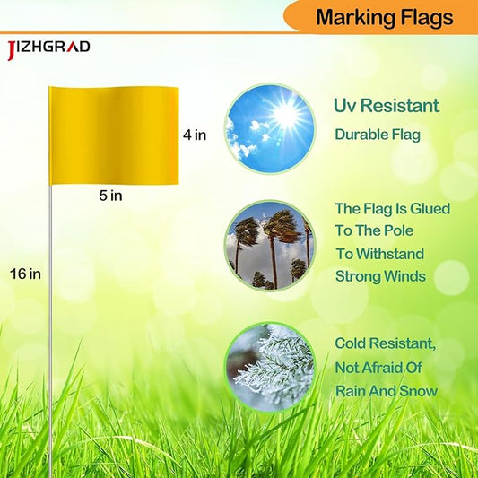 100Pack Yellow Marking Flags, JIZHGRAD 16x4x5 Inch Marker Flags Use for Yard & Lawn, Boundary & Dog Training, Survey & Landscape, Sprinkler & Surveyor, Garden & Construction, High Visibility, Sturdy, Versatile, UV & Weather Resistant