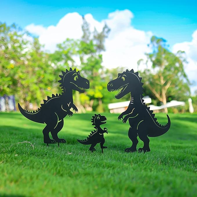 Metal Decorative Garden Stakes, Dinosaur Garden Decor for Outside Gifts for Women Men,Black Dinosaur Silhouette Statues Decorations for Yard Art, Patio, Backyard, Outdoor, Lawn, Forests