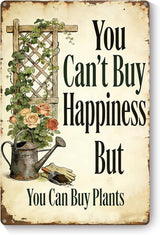Garden Signs for Outside You Can't Buy Happiness But You Can Buy Plants, Funny Metal Signs for Home Garden Patio Yard, Retro Gardening Gifts for Women, Wall Decor 12" x 8"