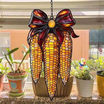 Farmhouse Corn Celebration Acrylic Suncatcher Stained Glass Effect Window Car Hanging Christmas Ornament Indoor Outdoor Decor Garden Sun Catcher Panel for Thanksgiving Lover for Women Mom Grandma