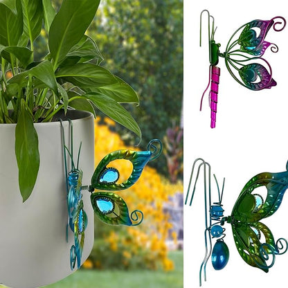 Metal Butterfly Flower Pot Huggers Gorgeous Butterfly Dragonfly Planter Hanging Figurines with Artificial Gemstones in the Wings 6 Inch Iron Insect Garden Art Sculptures Hanger Ornaments (2PCS)