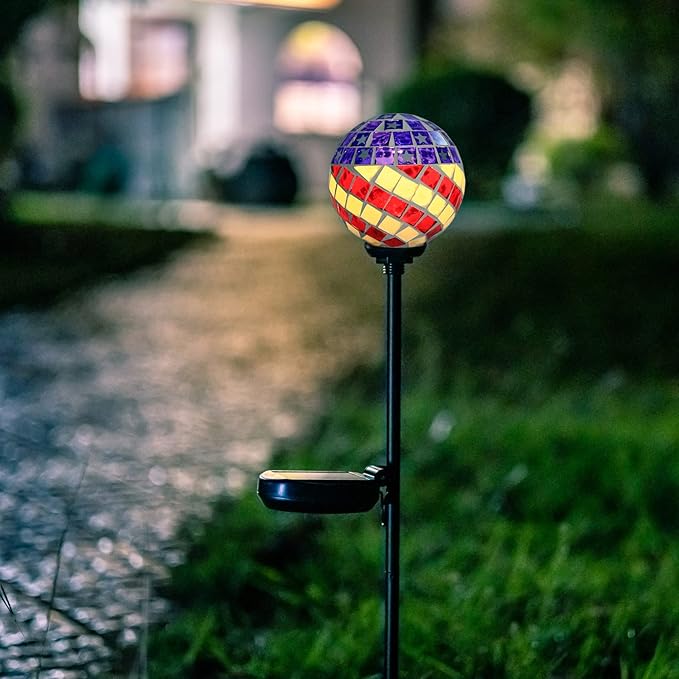 Afirst Solar Lights Outdoor Decorative - Solar Gazing Ball Mosaic Garden Stakes Patriotic Stars and Stripes Decorative Lights Waterproof for Pathway Yard Lawn National Day Decoration