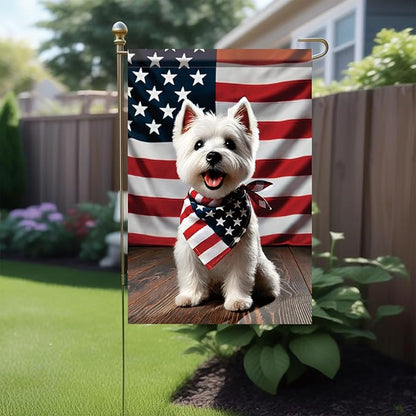Patriotic 4th of July West Highland White Terrier Garden Flag Summer Decorative Lovely Pet Dog American US Flag Banner for Outside 12x18 Inch Printed Double Sided