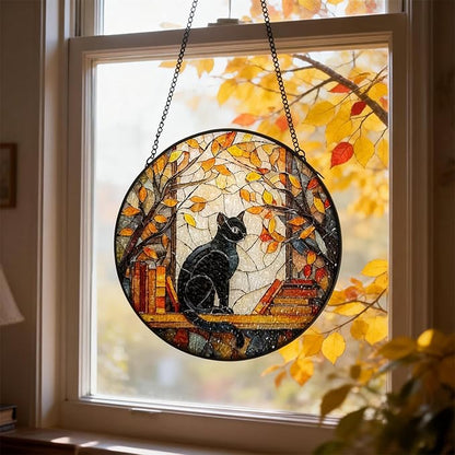 Black Cat Stained Glass Window Hanging Suncatcher, Fall Leaves & Bookshelf Sun Catchers Art Decor Ornament for Home Garden Farmhouse, Birthday Gift for Cat Lovers Mom Women Nana, 7.8 Inch