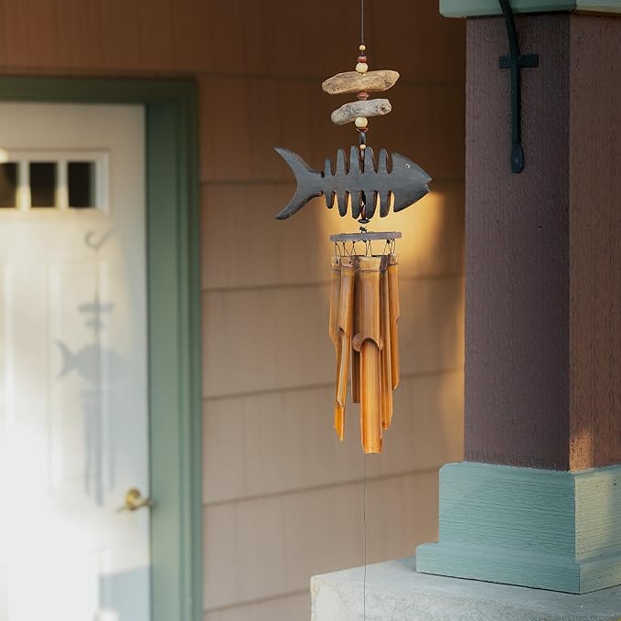 Wind Chime Fish Handcrafted Wooden Bamboo Bone Fish Outdoor Garden Decoration Patio Decor Gift Idea