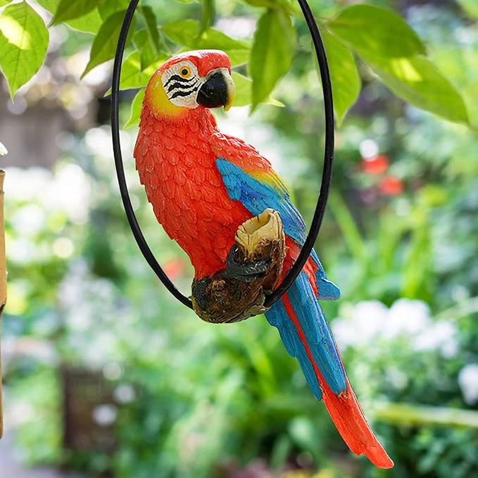 Hanging Parrot Statue Resin Parrot Ornament Metal Round Ring Decoration for Garden Resin Sculpture for Garden Patio Wall Craft Home Outdoor Decoration-01