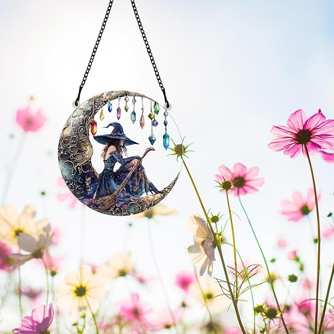 PLIGREAT Moon Witchs Acrylic Suncatcher Window Wall Art Hanging Ornament Painted Colorful Art Crafts Suncatcher for Garden Home Indoor Outdoor Hanging Decor Women Gift