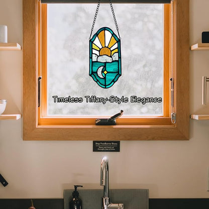 Stained Glass Sun and Moon Decor Window Hanging Suncatchers Ornament,Handcrafted Tiffany Style Sun Catcher Decor Gifts for Bedroom Livingroom