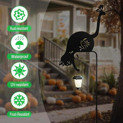 Cat Solar Lights Outdoor Garden, Black Cat Garden Statue,Black Cats Outdoor Decorations with Solar Lantern