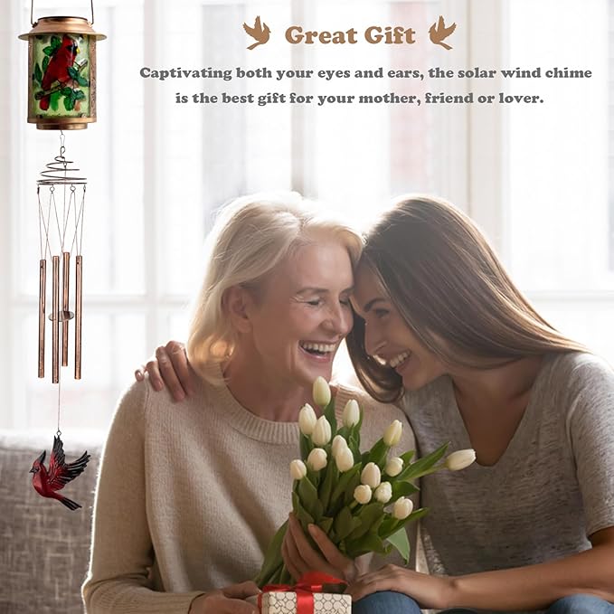 Solar Wind Chimes for Outdoor, Cardinal Garden Decorations Memorial Wind Chimes Deep Tone, Sympathy Windchimes for Outside Garden Décor, Gifts for Mom, Grandma-Cardinal