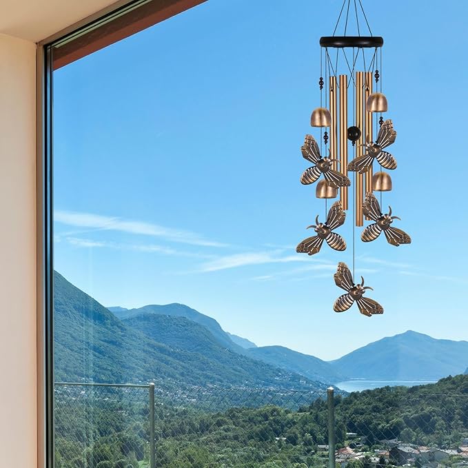 Bronze Bee Wind Chime, Gifts for Mom, Home, Garden, Balconies, Room, Patio, Indoor, Outdoor Bee Decoration, Bee Chimes, with 4 Aluminum Tubes 5 Bees Wind Chimes, Bee Wind Catcher, Bee Wind Bells Decor