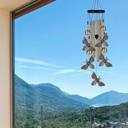Bronze Bee Wind Chime, Gifts for Mom, Home, Garden, Balconies, Room, Patio, Indoor, Outdoor Bee Decoration, Bee Chimes, with 4 Aluminum Tubes 5 Bees Wind Chimes, Bee Wind Catcher, Bee Wind Bells Decor