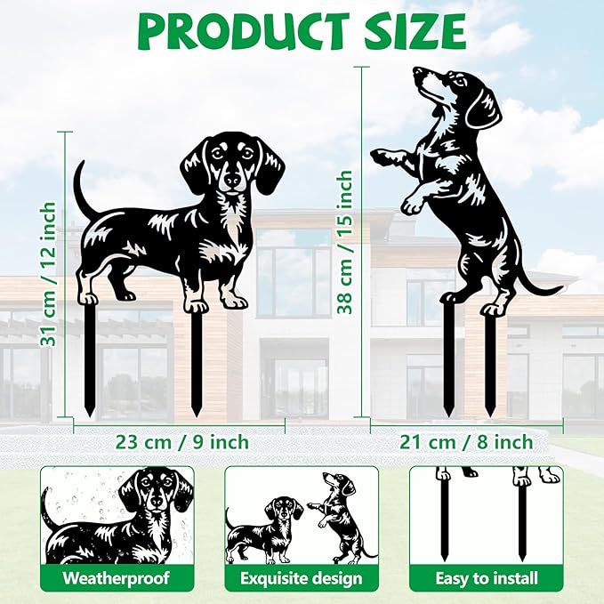 GLOBLELAND 2 Pcs Dachshund Garden Stakes for Yard Decor Dog Silhouette Metal Stakes Funny Animals Statues Lawn Signs for Dog Lovers Outdoor Party Patio Landscape Decor