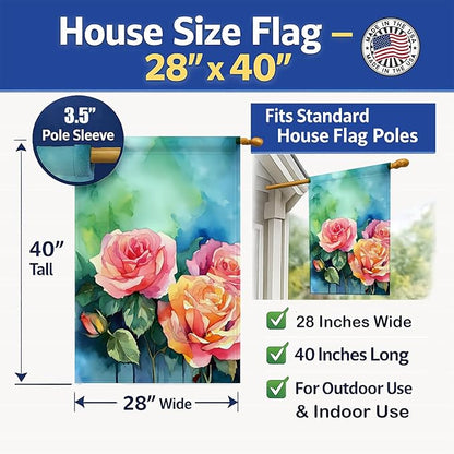 Caroline's Treasures New York Roses in Watercolor House Flag Large Porch Sleeve Pole Decorative Outside Yard Banner Artwork Wall Hanging, Polyester, House Size, Multicolor
