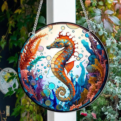 7.9'' Acrylic Window Hanging Decor,Stained Panel Hangings Decorative Acrylic Wall Decor Colorful Ornament Window Hangings for Outdoor Indoor Decor(Sea Horse)