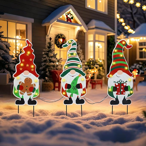 WONDER GARDEN 3 PCS Christmas Gnomes Yard Signs Christmas Decorations Outdoor, Metal Xmas Yard Stakes Gnomes Lawn Decor, Xmas Garden Stakes with Led Lights for Patio Pathway Outside Decorations