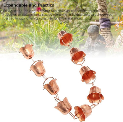 Copper Rain Chain, Adjustable 3.28ft Flower Shape Hanging Gutter Chain for Outside Eaves, Drainage, with Decorative Function, for Downspout Replacement (Morning Glory Shaped)