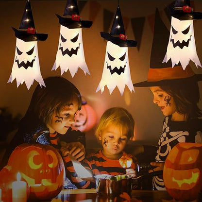 Halloween Decorations Outdoor Halloween Decor Hanging Outdoor Glowing Ghost Witch Hat Decorations Indoor Ornaments for Home Tree Garden Yard (4Pcs)