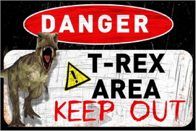 Funny Beware of Dog Sign Private Property No Trespassing Warning Signs, Danger T-Rex Area Keep out, Yard Sign Garage Farm Garden Wall Decor Sign Plaque Outdoor for Home Fence 8 X 12 Inches