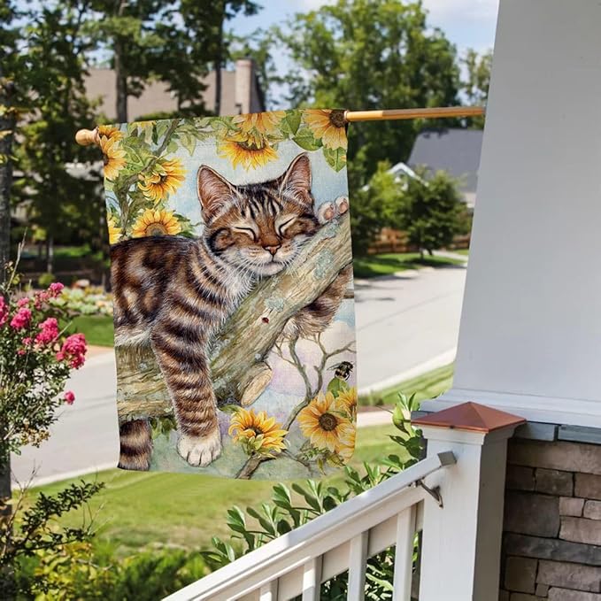 BLKWHT Summer Cat House Flag 28 x 40 Vertical Double Sided Yellow Sunflower Spring Farmhouse Holiday Outside Decorations Burlap Yard Flag BW640-40
