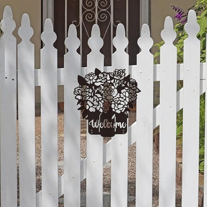 SUPERDANT Flowers Metal Garden Decor Floral Vase Decorative Stakes Welcome Yard Sign Ornament Black Outdoor Iron Fence Signs Wall Art for Home Outside Lawn Porch Walkway Farm Patio Gifts