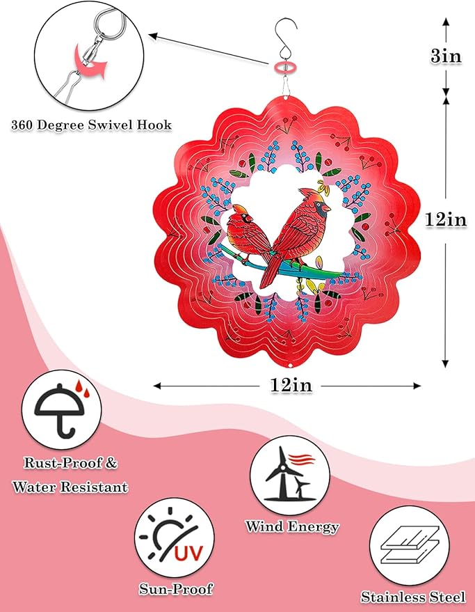 Cardinal Wind Spinners Outdoor Garden Decor for Outside - 12 Inch 3D Stainless Steel Metal Wind Spinners - Cardinal Gardening Gifts for Women, Yard Decorations Outdoor Hanging Decor