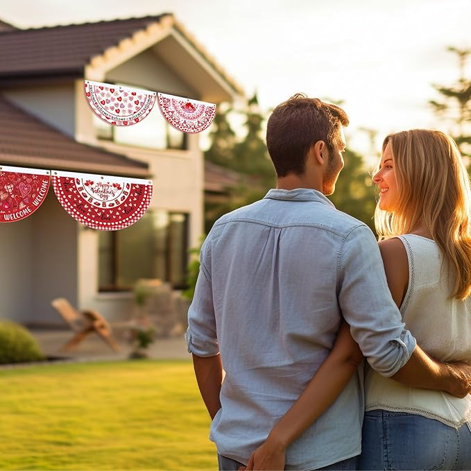 6 Pcs Valentine's Day Bunting Fan Flag Love Heart Bunting Banner Romantic Valentine's Day Garden Half Fan Banner Decoration Holiday Indoor Outdoor Yard Decor, 1.5 x 3 ft