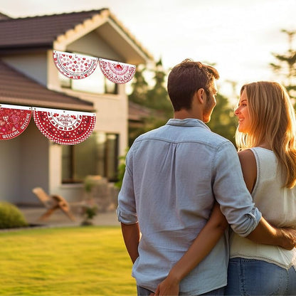 6 Pcs Valentine's Day Bunting Fan Flag Love Heart Bunting Banner Romantic Valentine's Day Garden Half Fan Banner Decoration Holiday Indoor Outdoor Yard Decor, 1.5 x 3 ft