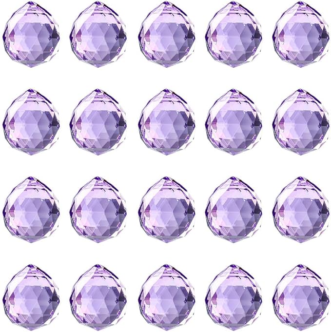 20pcs DIY Crystal Prism Suncatcher for Windows Hanging, 20mm Clear Glass Crystal Sun Catcher Beads Pendants Maker Balls for Indoor Outdoor Garden Feng Shui Home Decor Light Purple
