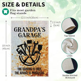 Grandpa's Garage Garden Flag, Double Sided Farmhouse Outdoor Lawn Decor Yard Flags Gifts for Grandpa, Vintage Garage Wall Decor Garage Signs Gifts for Dad Woodworking Cabinet Maker Mechanic