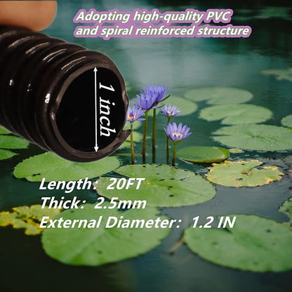 Pond Tubing ID 1” × 20FT Long Corrugated Flexible Pond Hose Pipe with 4 Clamps Pipe Fittings for Pond Pump Fountain Garden Waterfall