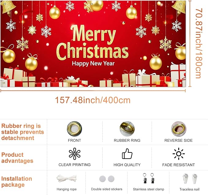 IVN Christmas Garage Door Cover Decoration 13x6ft Red and Gold Ornaments Snowflakes and Gift Boxes Merry Christmas Winter Garage Door Banner Home Door Front Yard Decor for Xmas Eve Holiday Outdoor