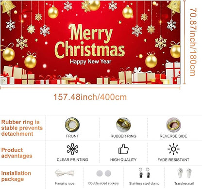 IVN Christmas Garage Door Cover Decoration 13x6ft Red and Gold Ornaments Snowflakes and Gift Boxes Merry Christmas Winter Garage Door Banner Home Door Front Yard Decor for Xmas Eve Holiday Outdoor