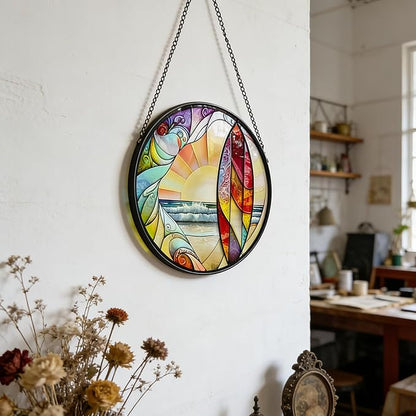 Coastal Sunrise Stained Glass Window Hanging - 9.8In Surf & Ocean Suncatcher, Beachy Home Decor for Windows, Porches & Living Rooms, Suncatcher Decor Gift for Women, Men