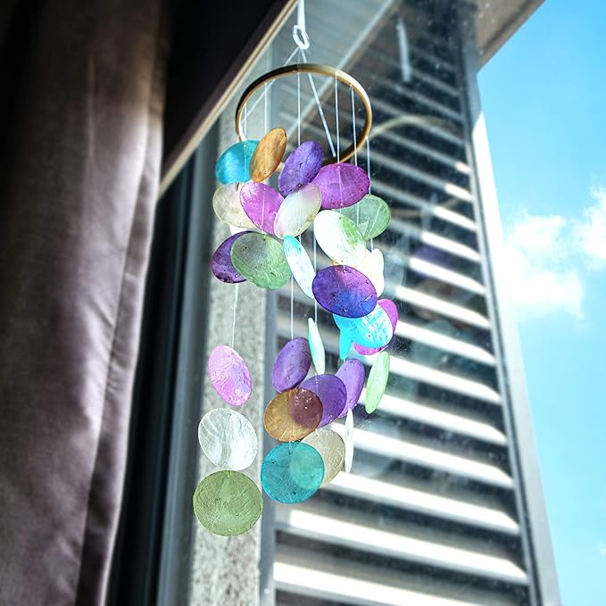 Rainbow Capiz Seashell Wind Chimes Outdoor Indoor Hanging Handmade Painted Colorful Beach Coast Ocean Home Decorative Hanging Mobiles Memorial Sympthy Gift