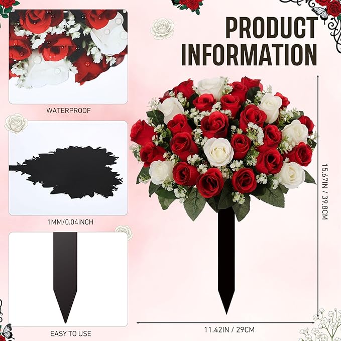Frienda 2 Sets Cemetery Flowers Grave Stake Metal Floral Decor for Tombstone, Outdoor Gravesite Markers for Mom Dad, Memorial Day Spring Easter Grave Decor(Bouquet,Red,White)