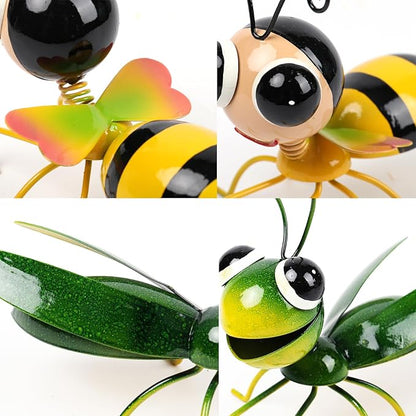 Cruis Cuka Metal Yard Art Garden Decor Cute Grasshopper & Bee Lawn Ornament Backyard Decorations Animal Hanging Flower Pot and Vase Hugger - Set of 4