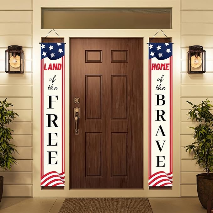 BlissYard 2Pcs Patriotic Themed Door Banners 4th of July Decorations Memorial Day Banner Hanging Porch Signs Banners for Independence Veterans Labor Day for Front Yard Indoor Outdoor Supplies