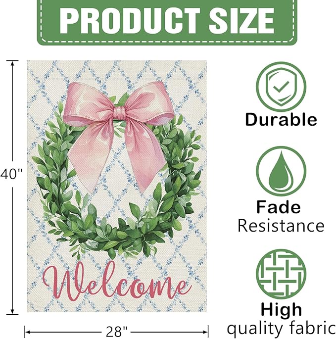 Dyrenson Welcome Pink Bow Wreath 28 x 40 House Flag Double Sided, Coquette Ribbon Eucalyptus Leaves Garden Yard Decoration, Botanical Plants Burlap Outdoor Decor Decorative Large Flag