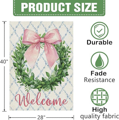 Dyrenson Welcome Pink Bow Wreath 28 x 40 House Flag Double Sided, Coquette Ribbon Eucalyptus Leaves Garden Yard Decoration, Botanical Plants Burlap Outdoor Decor Decorative Large Flag