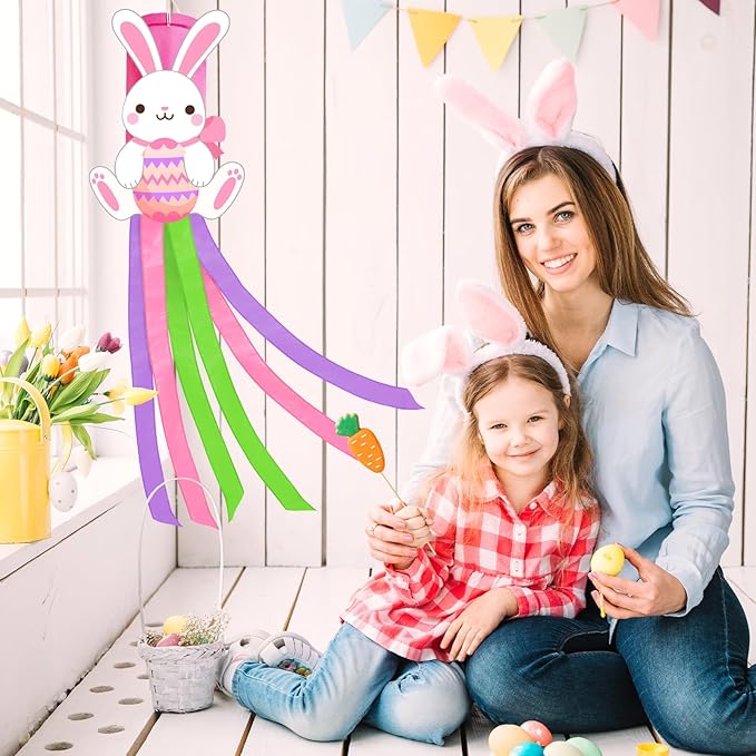 40 Inches Easter Bunny Windsock Decorations, Hanging Outdoor Spring Decor with Colorful Streamers and Cute Rabbit Egg Design, Festive Holiday Wind Sock Ornament for Outside Garden, Patio, and Yard