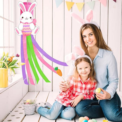 40 Inches Easter Bunny Windsock Decorations, Hanging Outdoor Spring Decor with Colorful Streamers and Cute Rabbit Egg Design, Festive Holiday Wind Sock Ornament for Outside Garden, Patio, and Yard