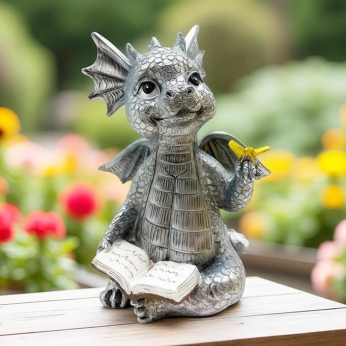 Cute Dragon Reading Book Statue, 5.9-Inch Tall Dinosaur Holding Butterfly Figurines Art Resin Sculpture Outdoor Garden Decor Home Desk Ornaments
